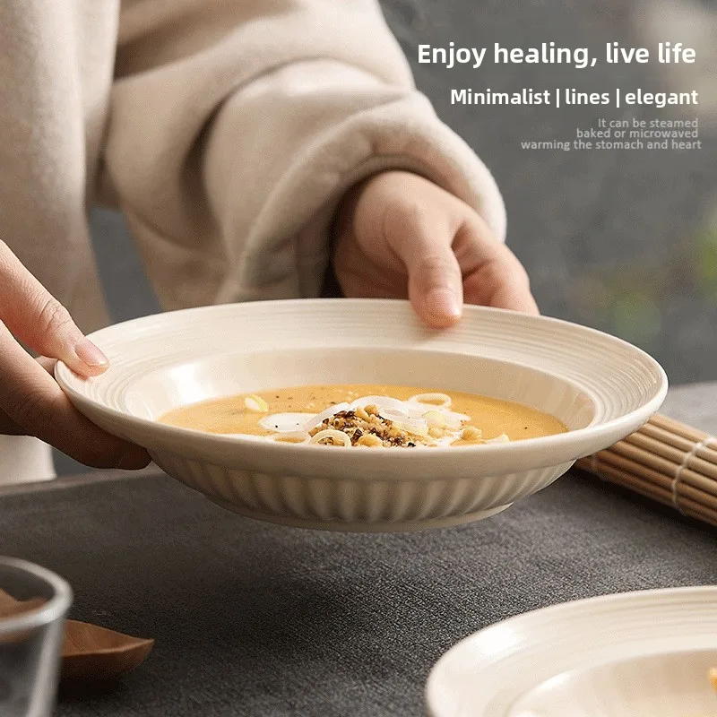 LH Threaded Brushed Straw Hat Plate Deep Plate Home Food Plate Premium Ceramic