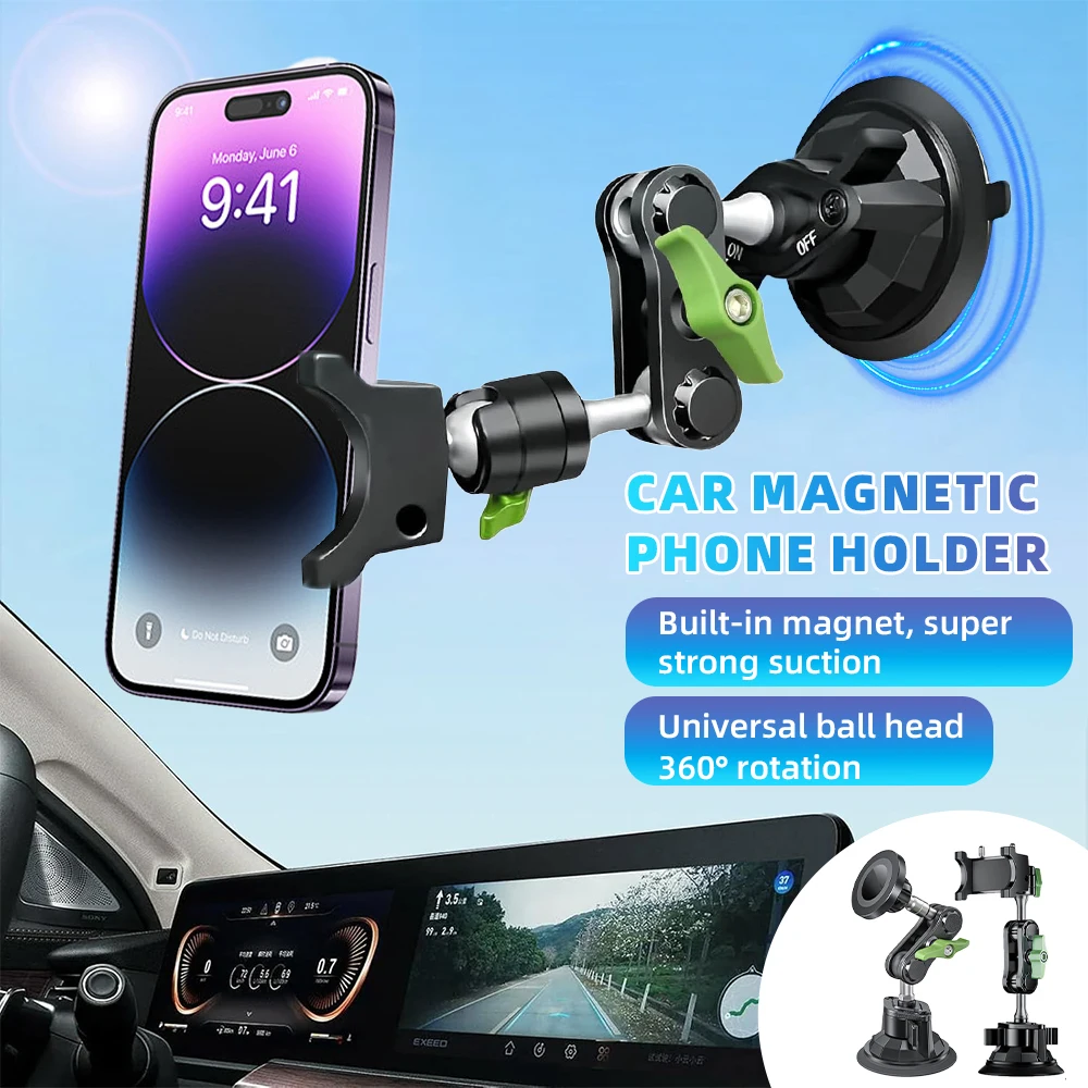 Strong Magnetic Car Phone Holder Vacuum Suction 360 Degree Rotate Arm Metal  Bracket for Samsung Magsafe iPhone Recording Video