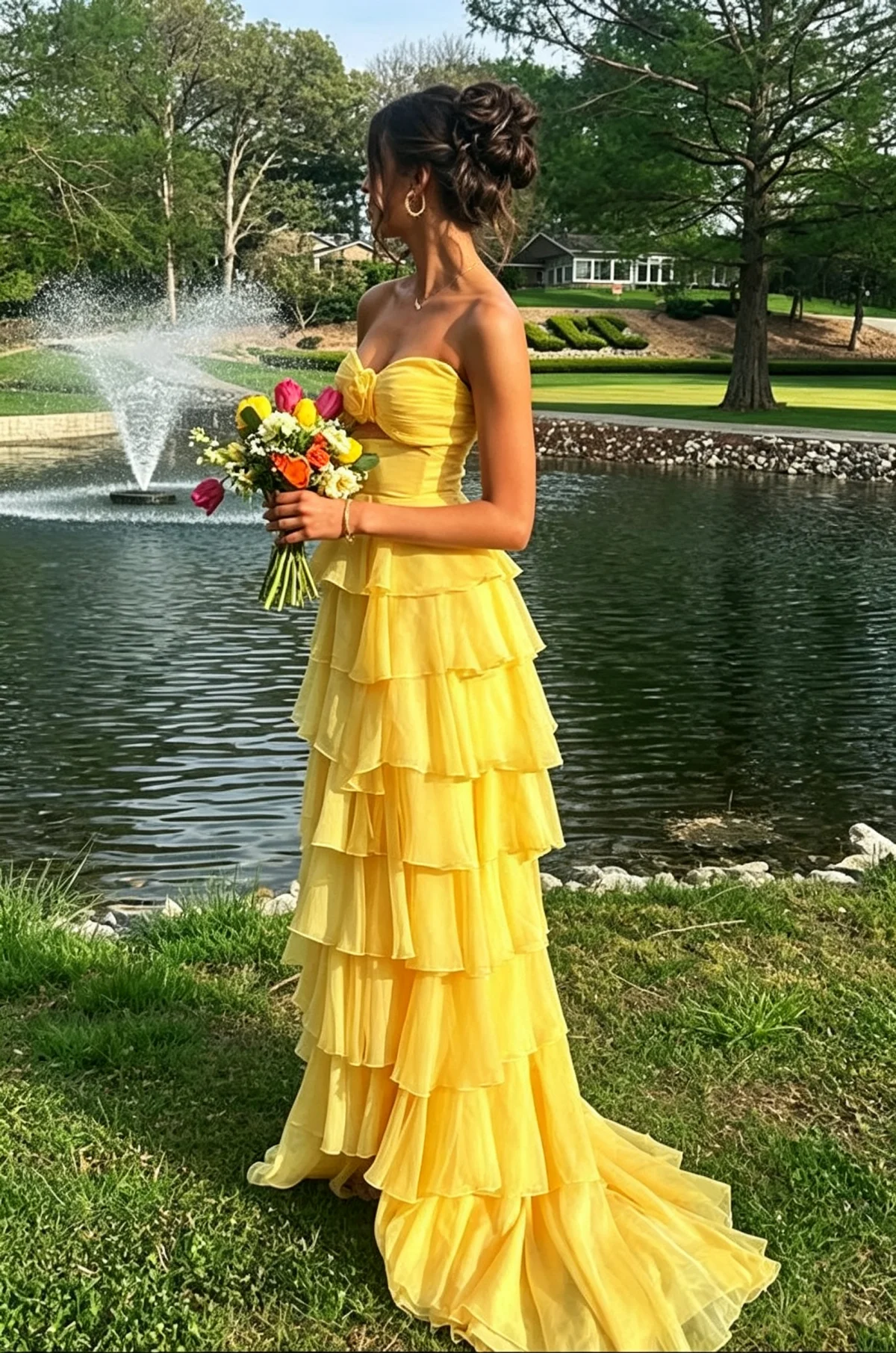 Elegant A-Line Corset Prom Dress Strapless Sweetheart 3D Flower Waist Cutout Tiered Ruffle Floor Length Women Pageant Party Gown