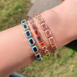 2025 New Arrived Colorful Geometric Square Bezel Set Blue Pink Cubic Zirconia CZ With Enamel Tennis Bracelet Jewelry For Women