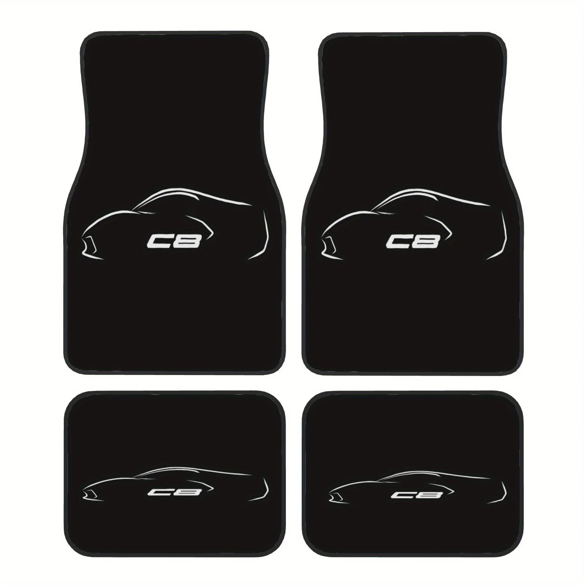 4pcs Car Floor Mats, White Sports Car Outline Pattern With 'C8' Logo,, Universal Fit For All Car Models, Fun Design Interior Mat