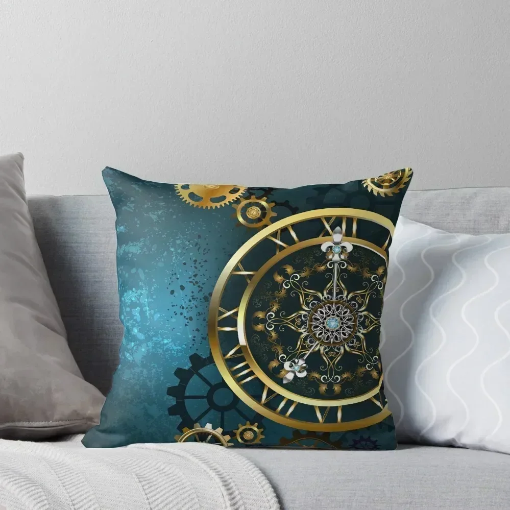 

Golden Clock on Turquoise Background ( Steampunk ) Throw Pillow anime girl Sofa Cushions Covers pillow