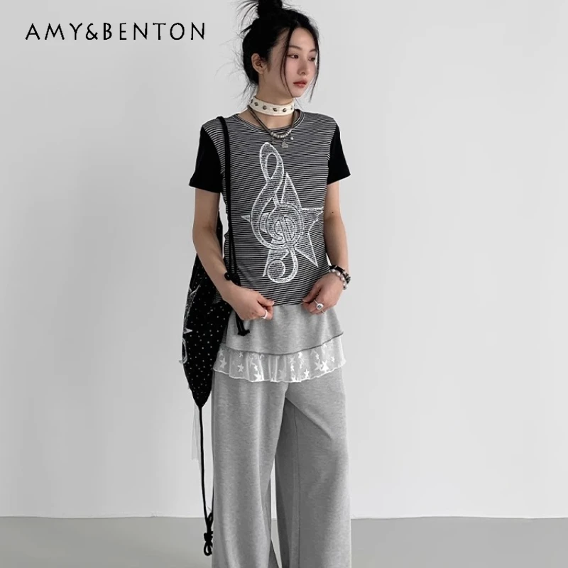 

Vintage Design Black White Gray Star Print Women's T-Shirt 2025 Summer New Splicing Small Flutter Sleeve Short Sleeve Top Ladies