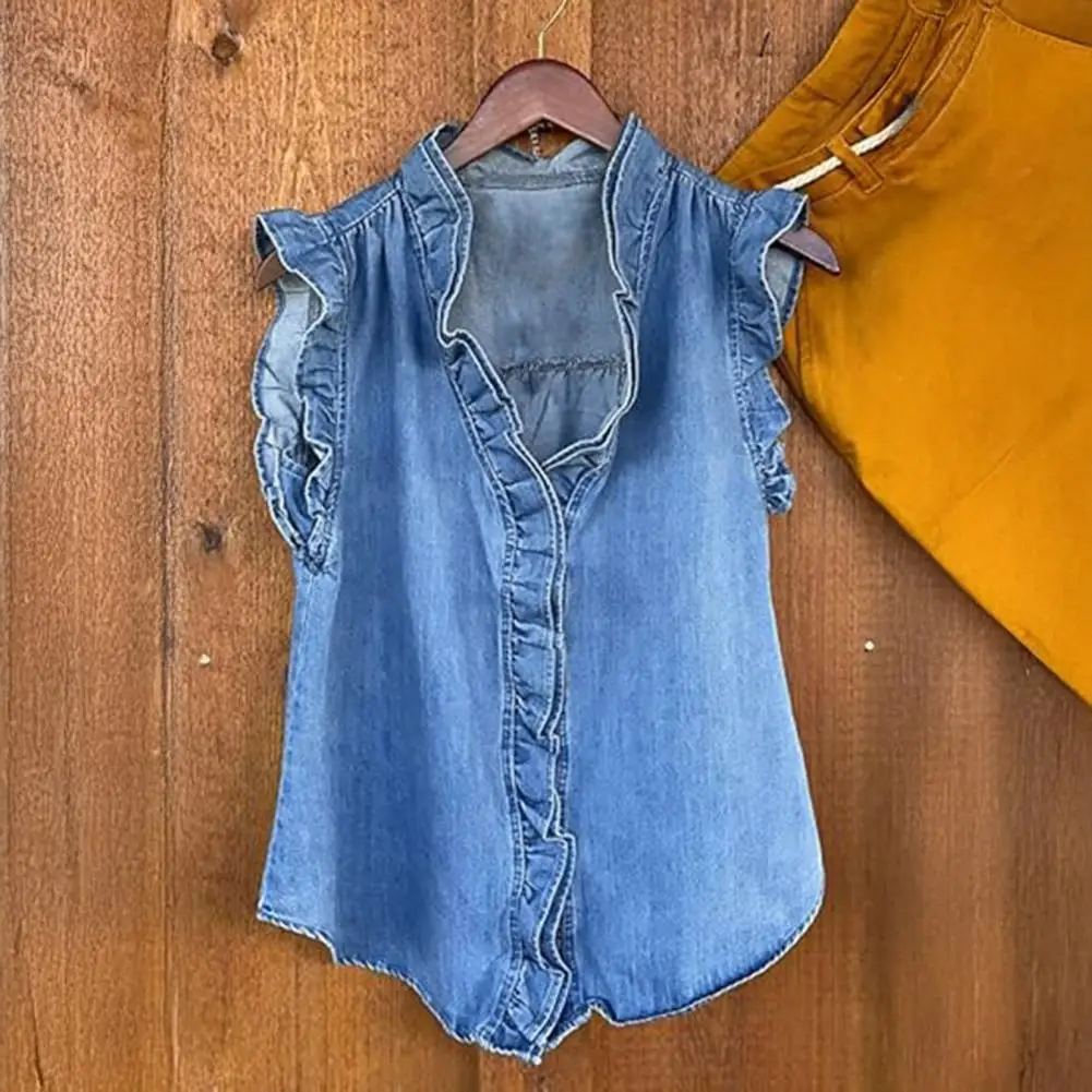 

Lightweight Denim Top Ruffled Sleeve Blouse Stylish Denim Ruffled Women's V-neck Shirt with Sleeveless Design Button for A