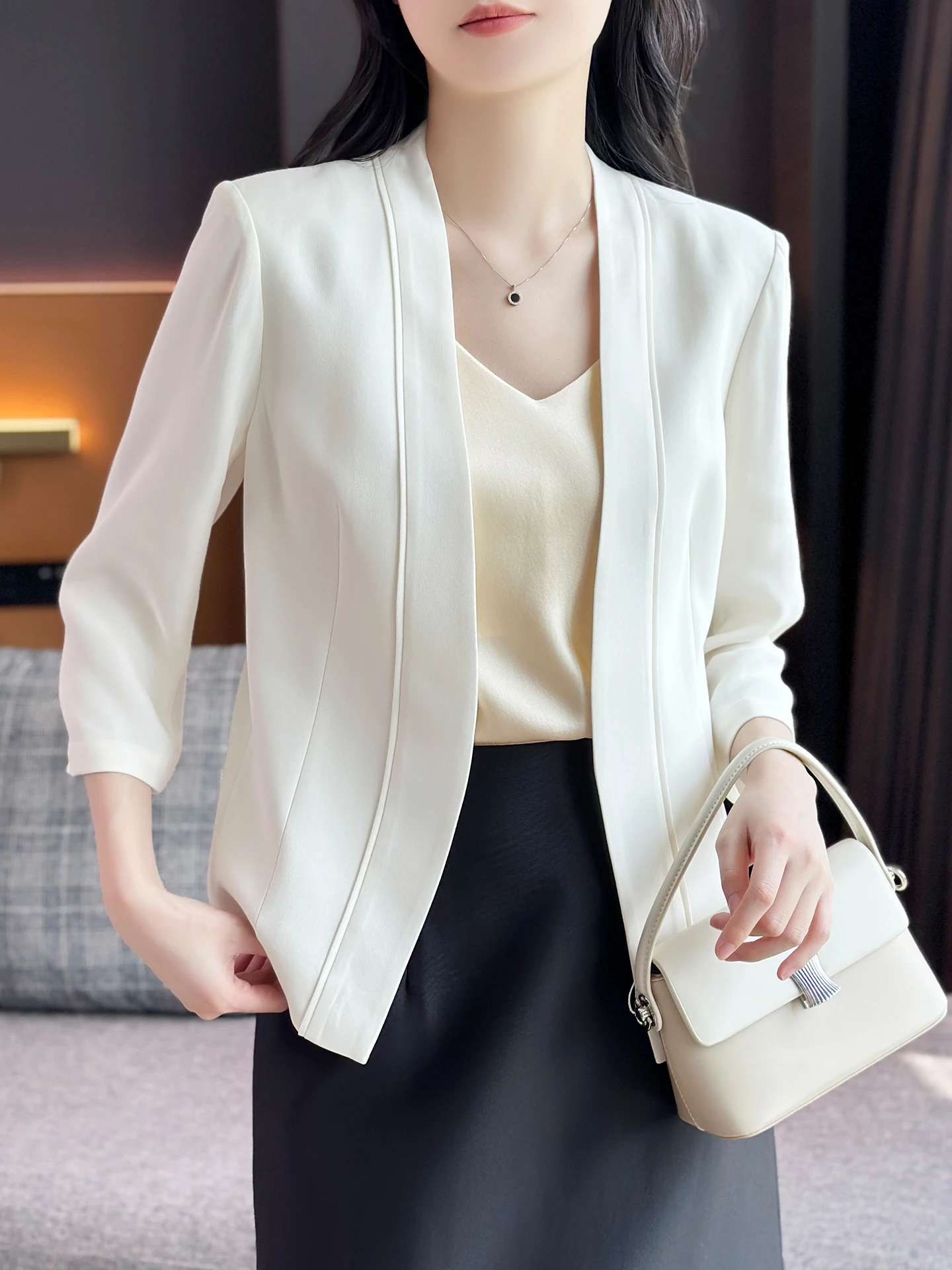 

Zuozhujia Commute Advanced 6A Crumpled Silk Tailored Slim Seven-Quarter Sleeve No Collar Real Silk Suit Jacket
