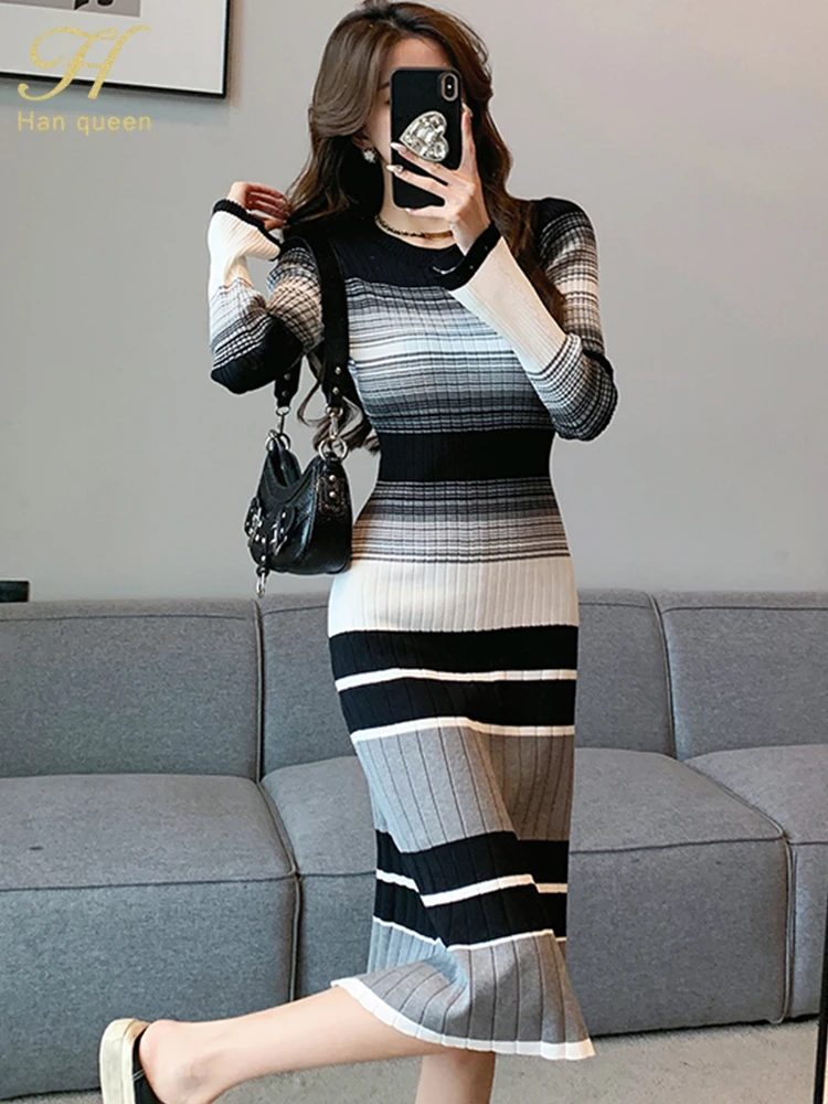 H Han Queen New Autumn Dresses Women Vintage Color Blocking Striped A-Line Vestidos Fashion Slim Party Casual Office Dress