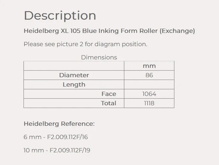 F2.009.112F/16 F2.009.112F/19 Heidelberg XL105 Blue Inking Form Roller (Exchange) For Printing Machine Parts