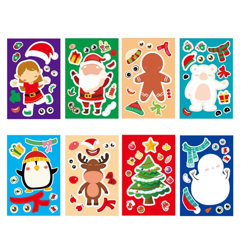 8/16/24Sheet Make a Face Sticker Christmas Gift for Kids Creative DIY Make Your Own Santa Claus Snowman Puzzle Sticker Decor Toy