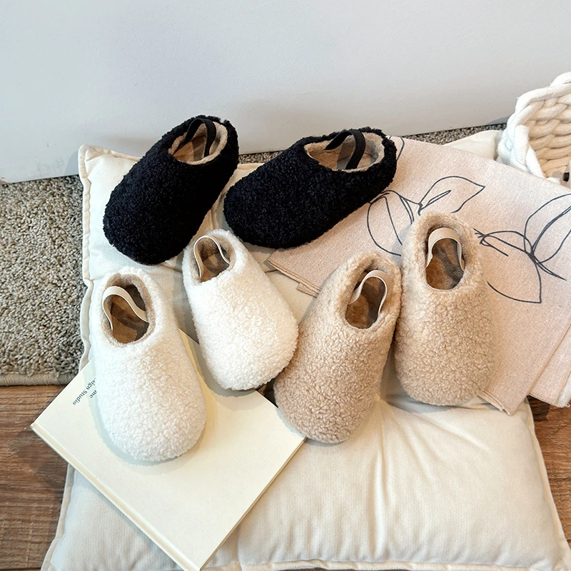 Winter Children Slippers Warm Fleece Lining Elastic Band Kids Flats Slip-on Leisure Unisex Anti-skid Boys Girls Shoe 21-35
