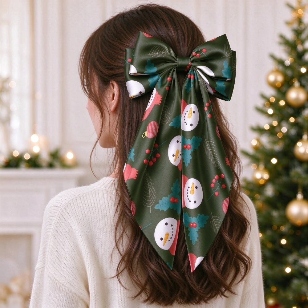 Elegant Christmas Snowman Bauble Pattern Satin Big Bow Hairpin, Long Tail Bow Hair Clip Women Girls Holiday Hair Accessory Gift