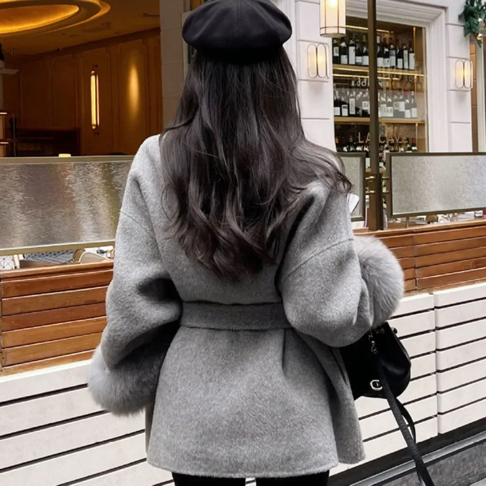 High End Double-sided Wool Strapping Real Wool Fur Coat Women's Removable Cuffs Fox Fur Temperament Cashmere Short Jacket