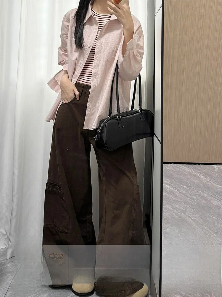 

Свободные джинсы с высокой талией и широкими штанинами, женские, кофейного цвета, прямые, осенне-зимние, новые, повседневные, модные