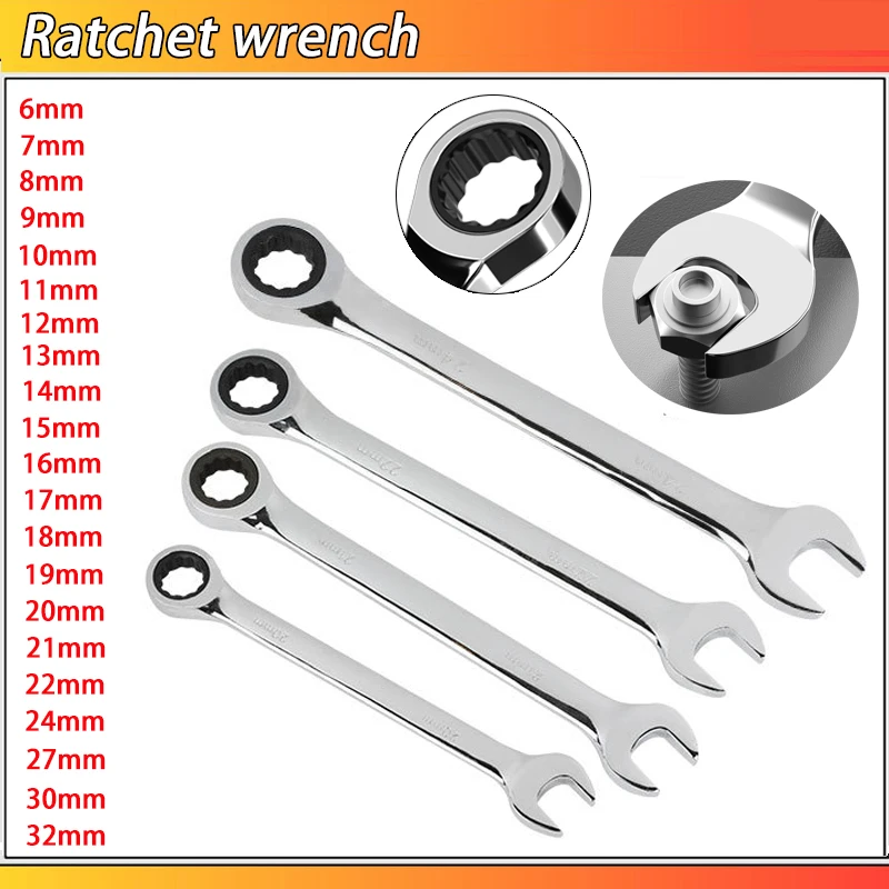 6/7/8/9/10/11/12/13/14/15/16/17/18/19/20/21/22/24/27/30/32mm Ratchet Metric Wrenches Universal Spanners for Car Repair Hand Tool
