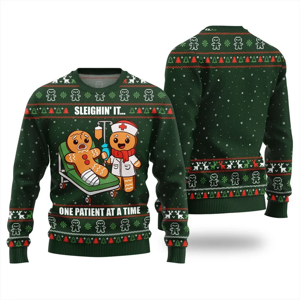 Winter Family Wear: Unisex Gingerbread Couple Crew Neck Sweater, Printed Casual Long-Sleeved Pullover, Suitable for Christmas