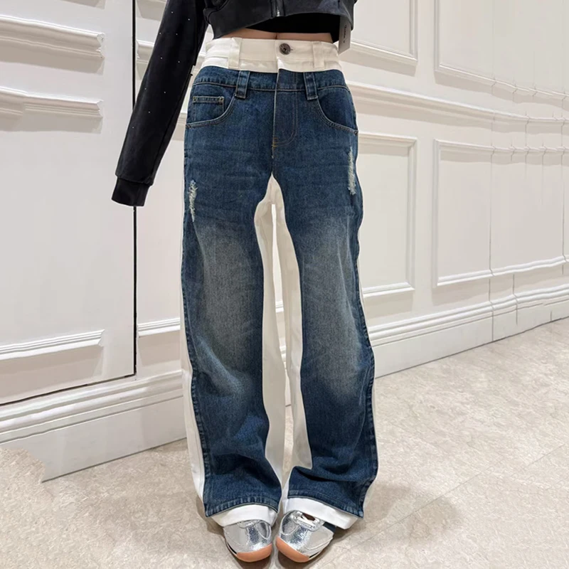 

Ladies' vintage washed blue and white patchwork jeans, 2025 new style street straight-leg pants, wide-leg pants, long pants