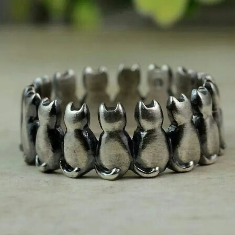 Vintage Silver Color A Group of Cats Women's Ring Round Daily Wear Party Jewelry