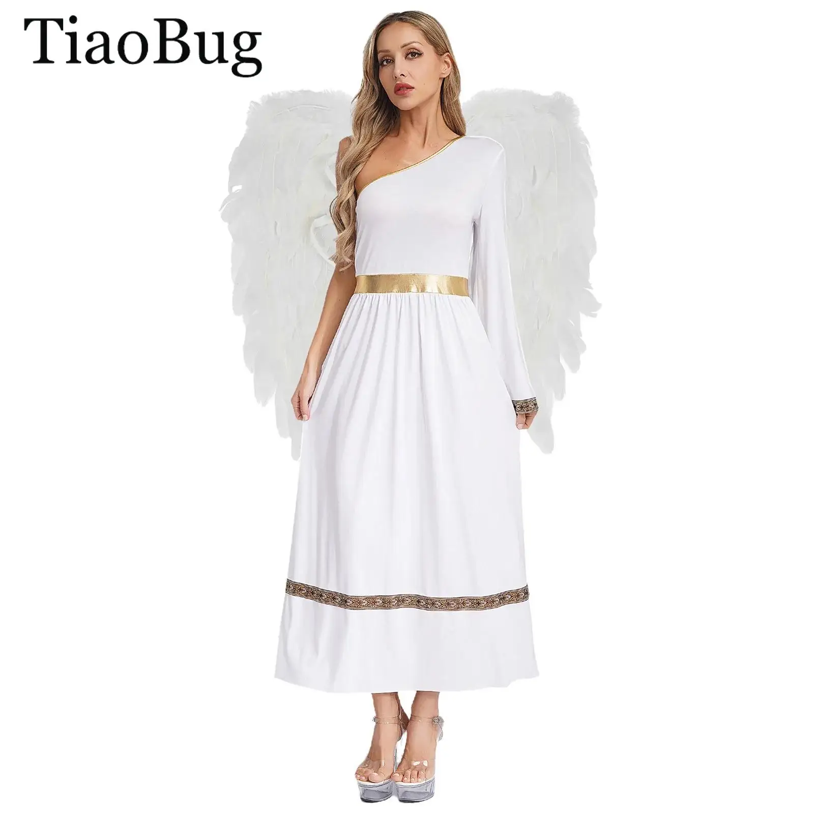 

Women Ancient Greek Toga Dress One Long Sleeve One Shoulder Roman Tunic Dress And Angel Wing Set Halloween Greece Queen Cosplay