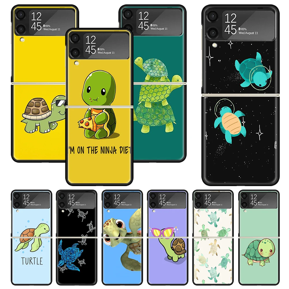 Cartoon Sea Turtle Tortoise Print Case For Samsung Galaxy Z Flip 3 4 5 6 5G Phone Shell ZFlip6 Flip5 Flip4 Flip3 Pattern Black H