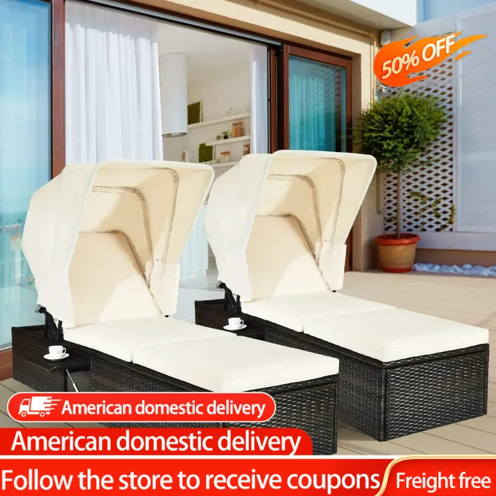 

Outdoor Chaise Lounge Chair With Folding Canopy Rattan Sun Lounger for Beach Poolside Backyard Balcony Porch (2) Deck-chair Room