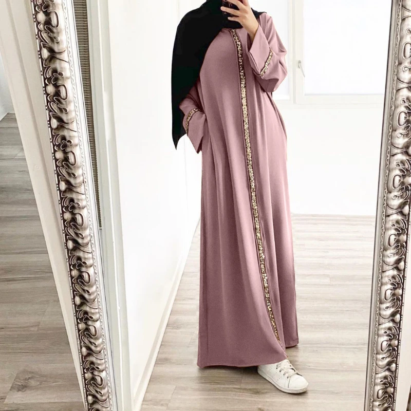 

New Trend Muslim Long Robe Patchwork Border Sequin Dress Solid Color Chiffon Ramadan Long Dresses Abaya African Dresses Women