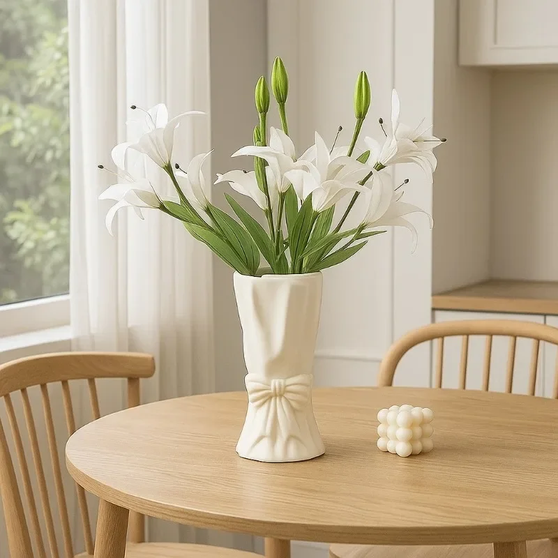 Nordic Bow Ceramic Vase, Luxury Ribbon Knot Flower Vase for Living Room & Dining Table, Minimalist Floral Arrangement Decoration