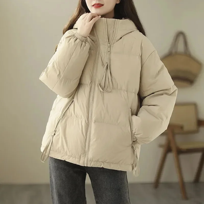 2024 New Winter Down cotton Jacket Korean Women Parkas Hooded Zipper Pockets Thick Warm Padded Coat Female Loose outerwear T538