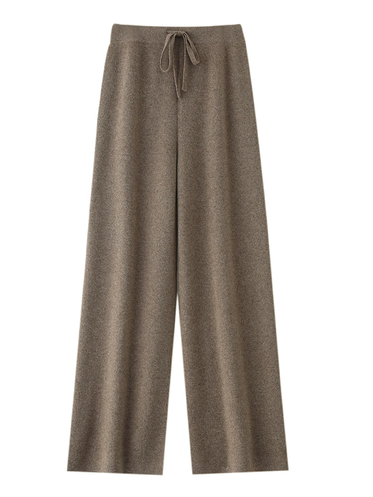 

Chic Wide-Leg Pants Women's Autumn Winter Solid Color 100% Merino Wool Knitted Casual Loose Soft Thick Warm Popular Trousers