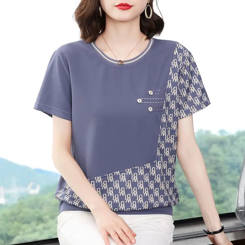 Temperament Summer Women\'s Pure Cotton Printing Buttons Patchwork Fashion Versatile Office Lady Loose Short Sleeve T-Shirts Tops