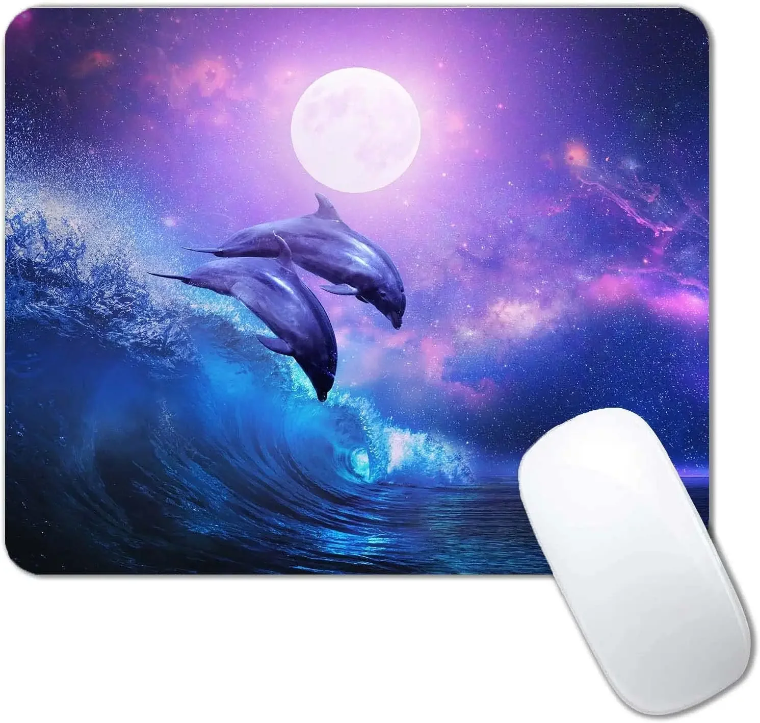 Night Ocean Beautiful Dolphins Mouse Pad Mouse Pad Non-Slip Rubber Mice Pads Stitched Edges 9.5x7.9 Inch for Laptop Office