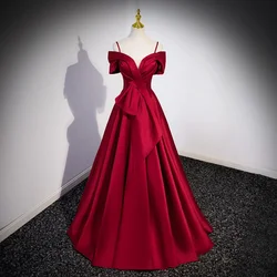 Evening Dresses Red Short Sleeves Pleat Floor-Length Lace Up A-Line Elegant Boat Neck Satin New Party Formal Gowns Woman B2745