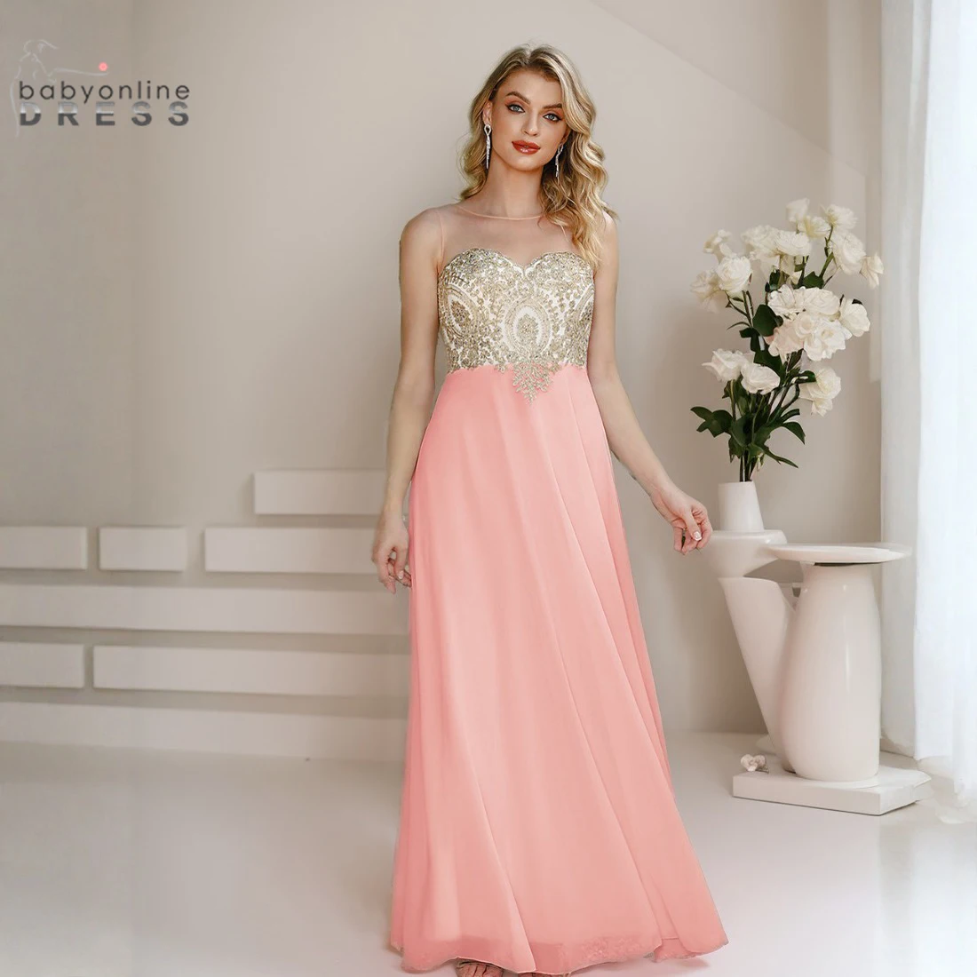 BABYONLINE Hot Sale Gold Applique Bridesmaid Dresses with Chiffon Skirt,Long Elegant Lace Evening Gowns for Weddings & Christmas
