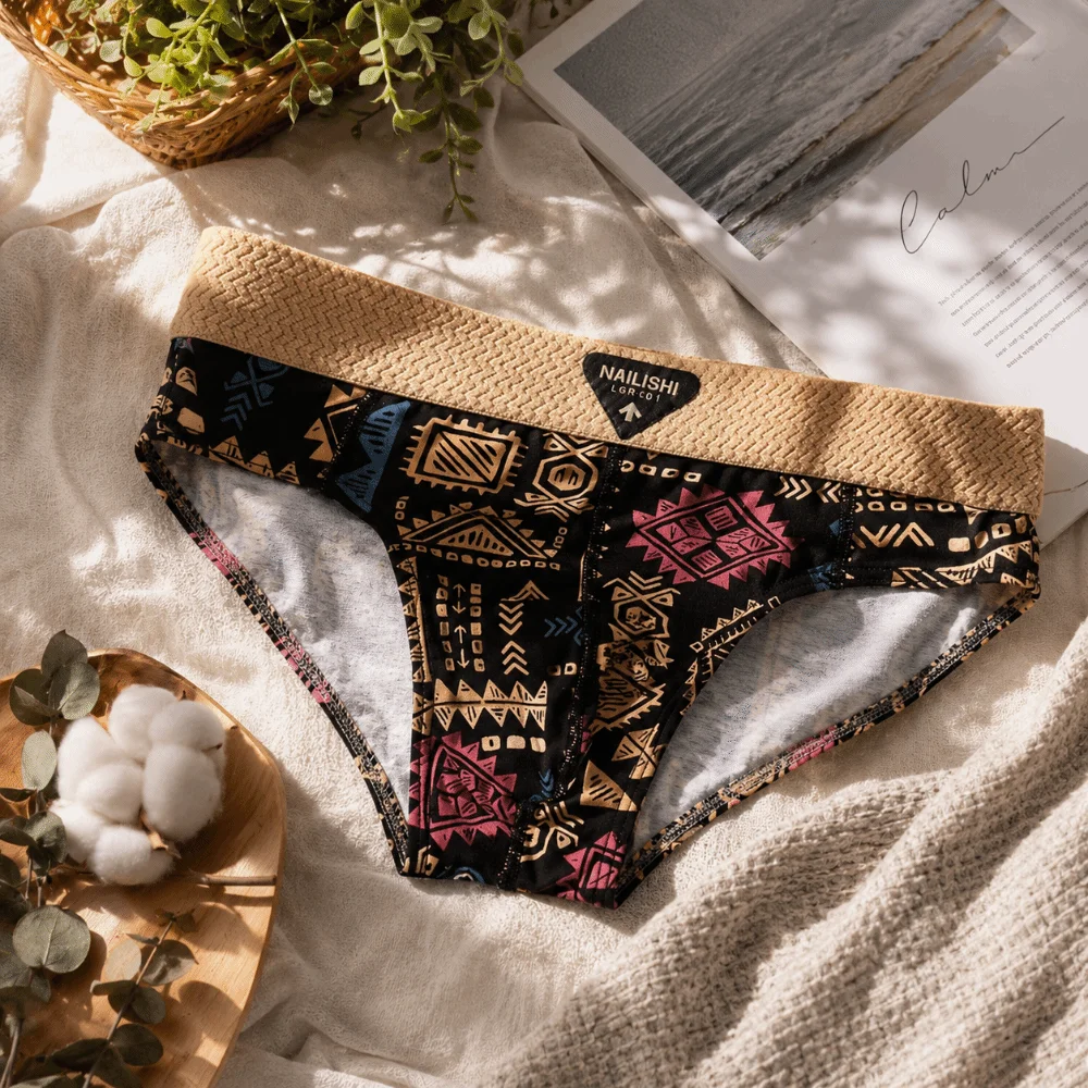 Breathable Mid Waist Printed Underwear Stripe Lingerie Triangle Panties Convex Pouch Men Boxer Shorts Plus Size