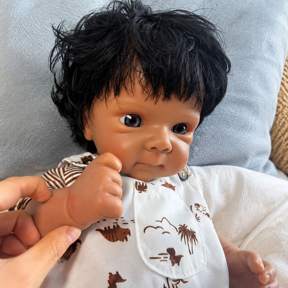 18 Inch Solid Silicone Reborn Baby Doll Black Skin Hand‑Rooted Hair Open Eyes Hand‑Painted Lifelike Real Touch Collectible Gift