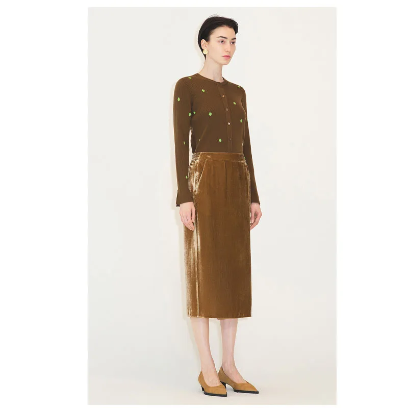 Fengbaoyu jupe mi-longue en polaire de soie naturelle pour femme taille haute jupe mi-longue Simple Style Simple et élégant