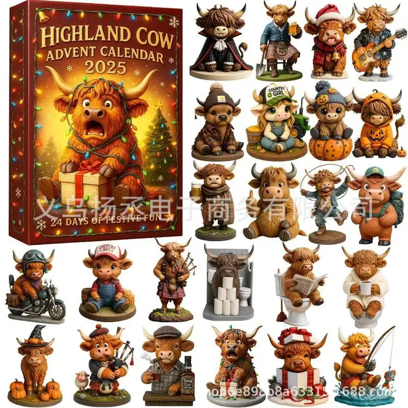 

2025 3D Highland Cow Advent Calendar - 24 Unique Ornaments 24 Days Christmas Countdown Decor for Home Festive Fun Designs