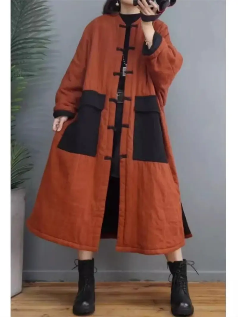 Chinese Style Buckle Women's Cotton Coat Medium Long 2024 Retro New Loose Thick Cotton And Llinen Winter Fabric Jacket K1874