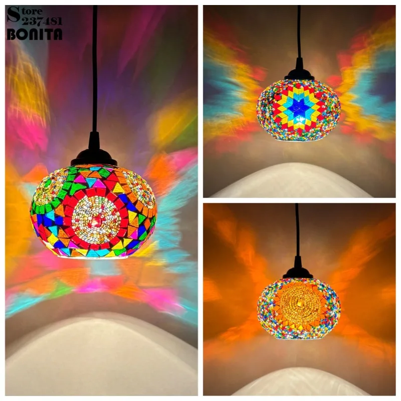 Mandala Mosaic Pendant Light Vintage Bohemian Sunflower Stained Glass Hanging Lamp Turkey Feature Lighting for Bedroom Bar Cafe