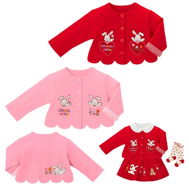 Miki Children's Clothing Spring Autumn 2022 New Girls Red Fugui Rabbit Lace Cardigan Coat Long Sleeve Top