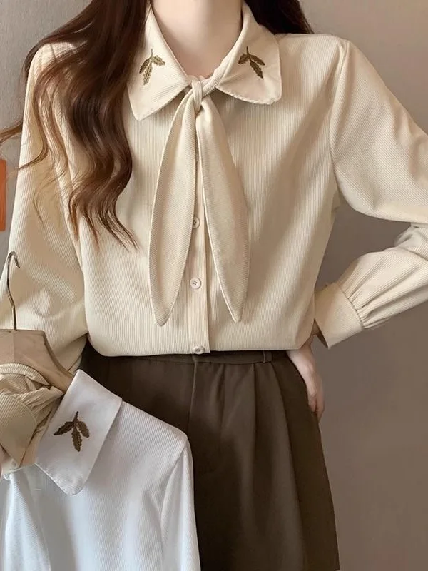 

Autumn New Sle Embroidered Casual High-ade Fat Women's Long Sve irt Cotton Velvet Fem Top Knot Collar