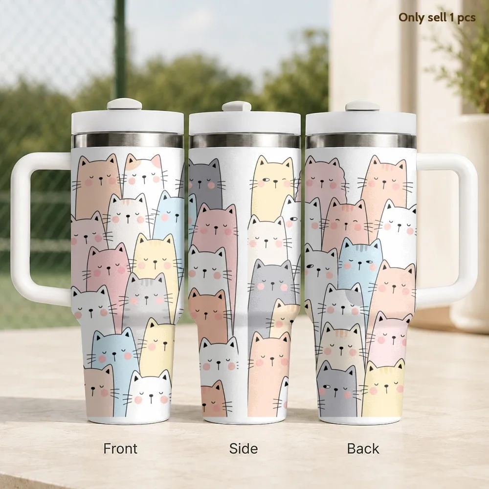 Comic Cat Vacuum Flasks 40oz Stainless Steel Insulated Tumbler with Handle & Straw Leakproof Travel Mug