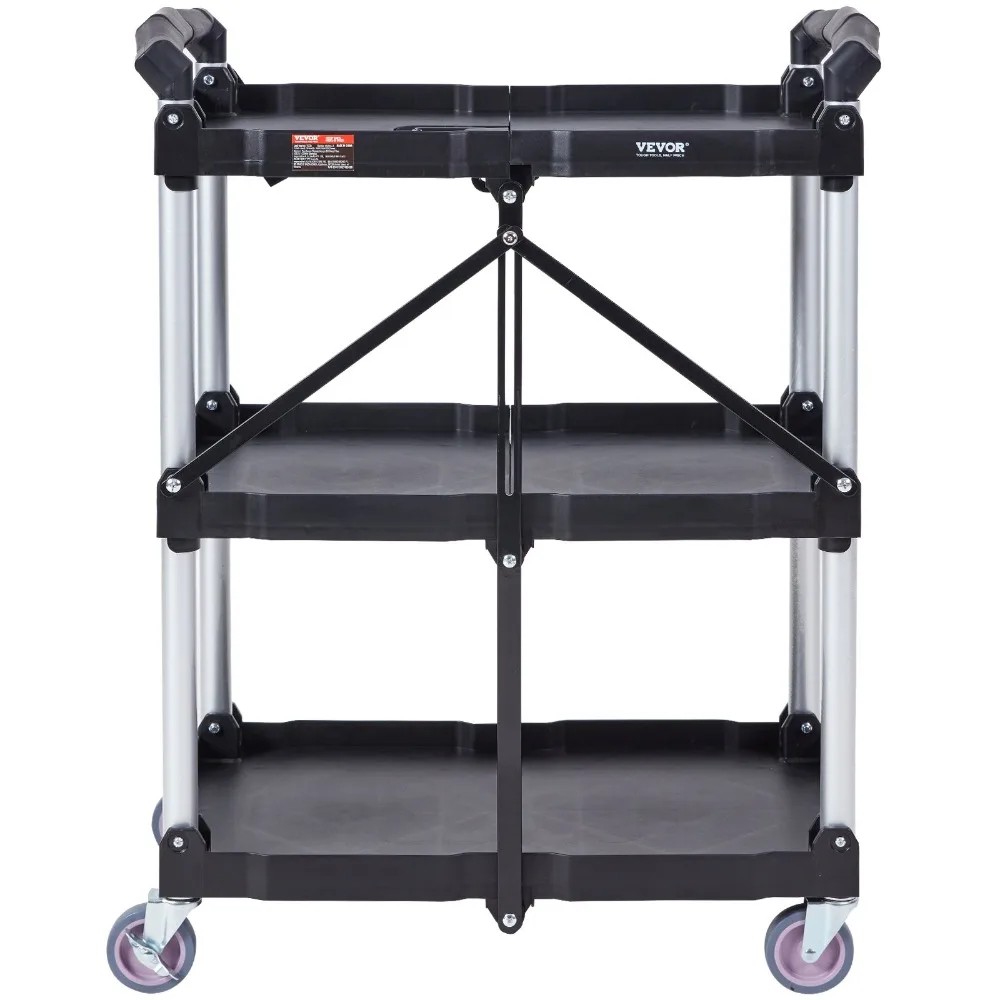 

Foldable Utility Service Cart, 3 Shelf 165LBS Heavy Duty Plastic Rolling Cart with Lockable Wheels, Ergonomic Handle