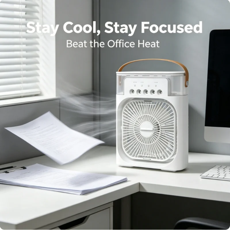 Mini ventilador portátil 3 em 1, com umidificador, luz noturna LED, ventilador de ar condicionado branco ajustável para casa e escritório