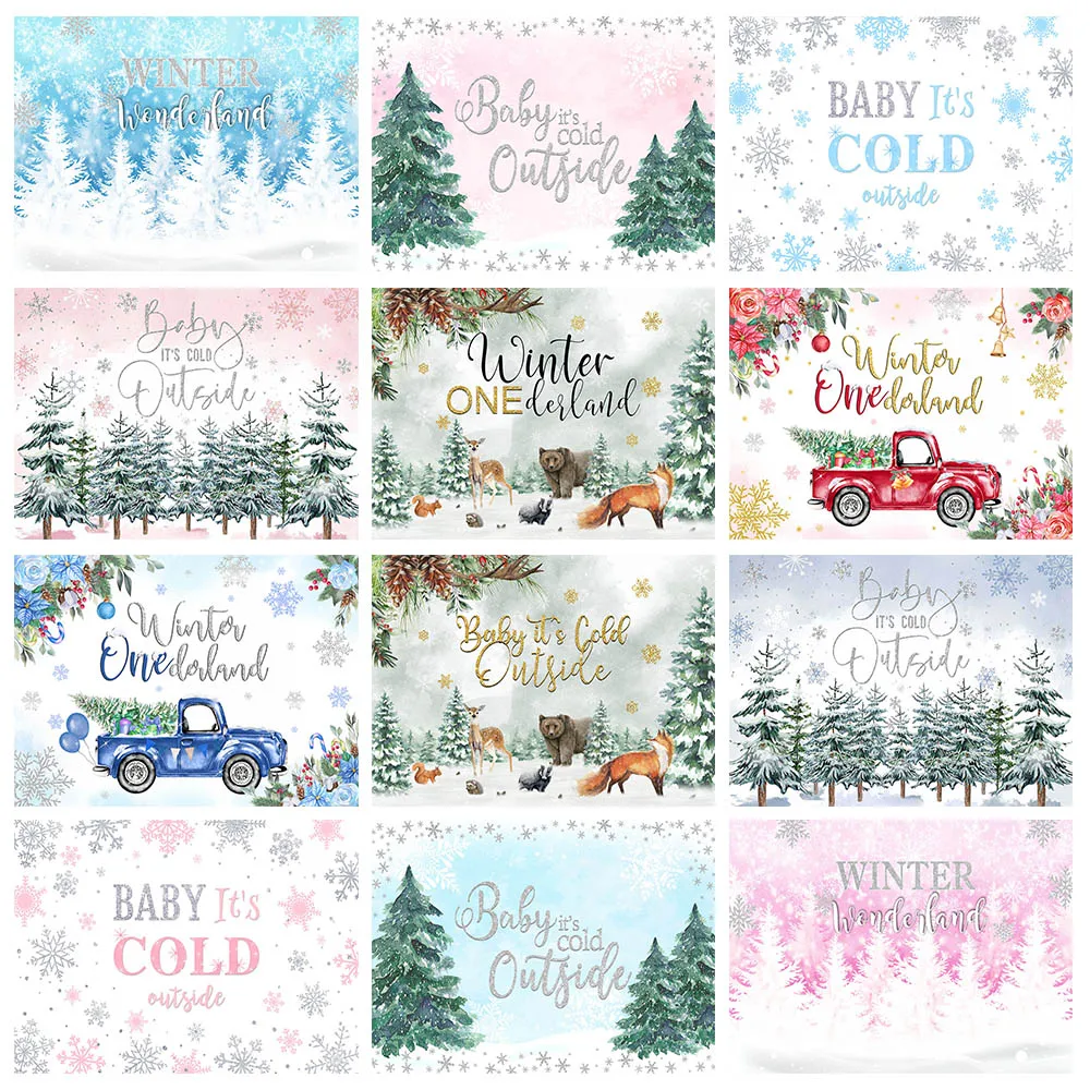 

Mocsicka Cartoon Winter Forest Baby Shower Backdrop Winter Wonderland Snowflake Child 1st Birthday Photo Background Decor Banner