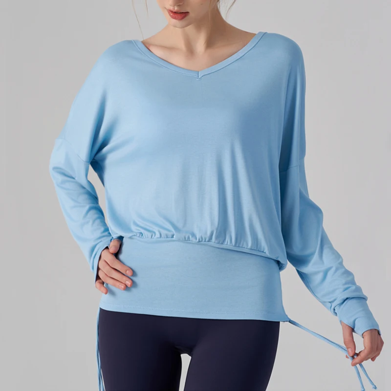Women Long Sleeve Yoga Shirt Solid Color Sexy V-Neckline Outdoor Running Top Loose Breathable Workout Blouse Female Sportswear