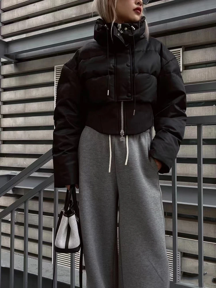 

Winter Short High Neck Drawstring Down Jacket Female Double Zipper Thick Parker Outwear Women White Duck Down Casual Warm Jacket