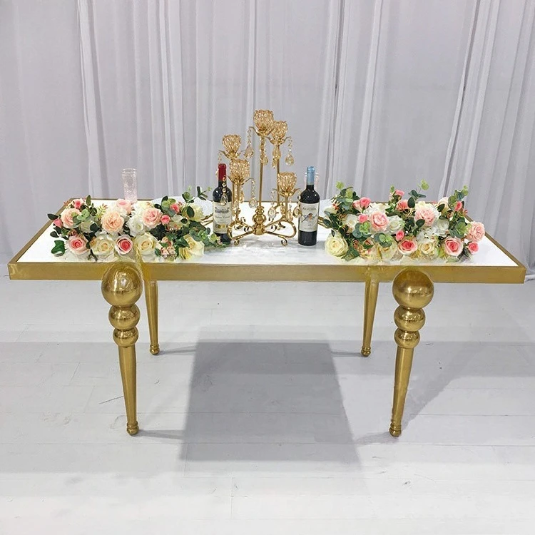 Gold-plated stainless steel rectangular table hotel banquet dining table and chair combination outdoor wedding table