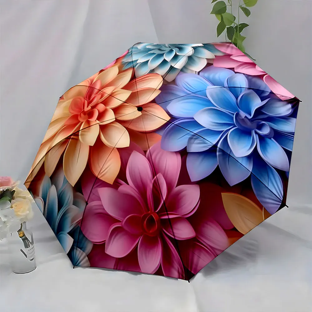 1PC Bold Floral Patterns on a Vibrant Umbrella Design Print 8 Iron Ribs Folding Umbrella Auto-Open Fashion Sunshade