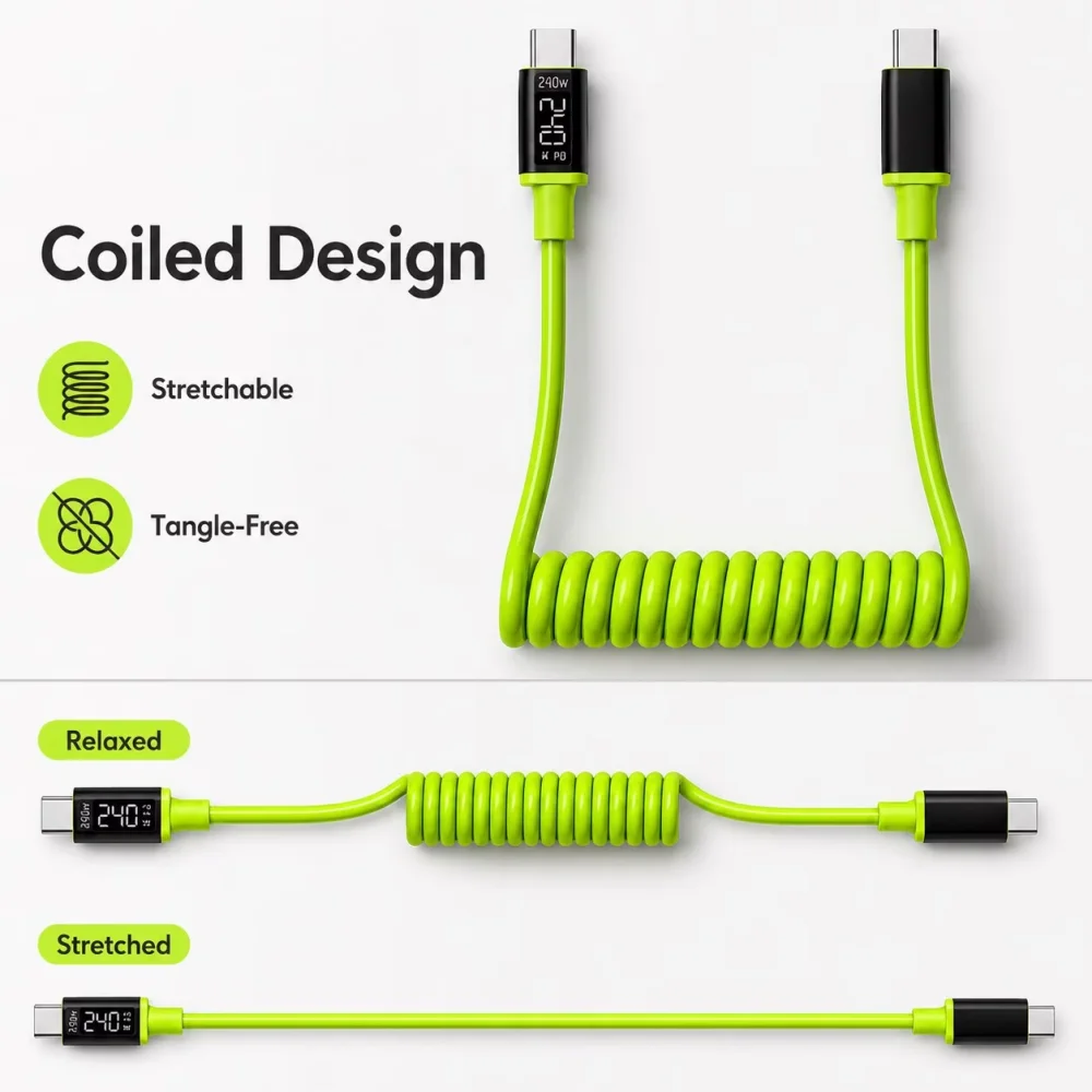 Coiled Spring Type C Charging Cable PD High Power Quick Charge Thickened USB-C Charging Cord For iPhone Samsung Xiaomi POCO