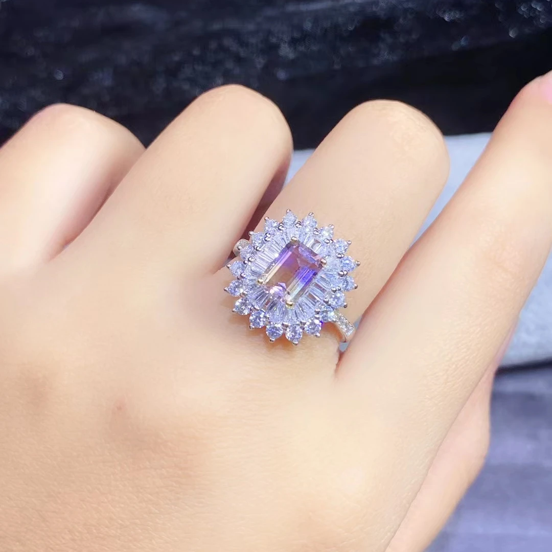 Dazzling Silver Ring for Engagement 5mm*7mm Natural Ametrine Ring 925 Silver Ametrine Jewelry with 3 Layers 18K Gold Plating