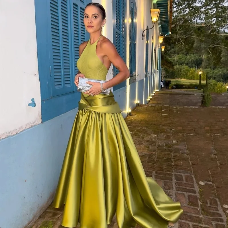 Women Halter Satin Long Evening Dresses Backless A Line Formal Prom Dresses Ladies Wedding Guest Party Dresses